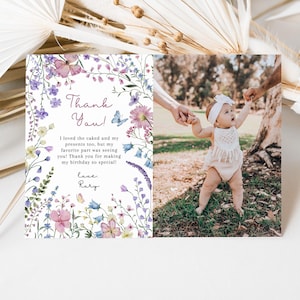 Modello di biglietto di ringraziamento con foto di fiori selvatici, biglietto di ringraziamento stampabile, biglietto di ringraziamento per il primo compleanno di fiori selvatici, modello modificabile per il giardino, CLP224