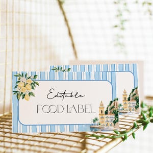 Amalfi Coast Bridal Shower Food Label, Mediterranean Wedding Shower Place Card, Editable Lemon Coastal Italian Food Tent, CORJL BDS48