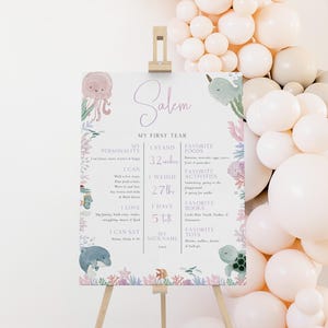 Oneder the Sea verjaardag mijlpaalposter, meisje roze onder de zee mijlpaalgrafiek 1e jaar, pastel oceaan feestdecor, bewerkbare CORJL CLP265