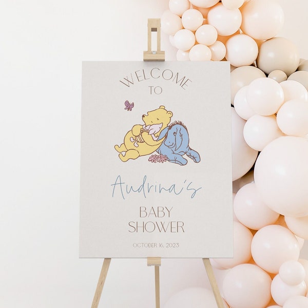 Editable Classic Bear Baby Shower Welcome Sign, Vintage Bear Baby Shower Welcome Poster, Baby Shower Decoration, BBS12