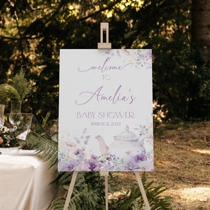 Editable Tea Party Baby Shower Welcome Sign, Lilac Tea for Two Baby Shower Decoration, Tea Time Floral Baby Shower Welcome Poster, BBS119