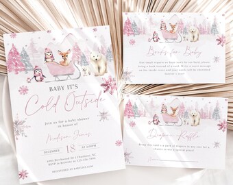 Pacote de convites para chá de bebê editável de animais do Ártico rosa de inverno, conjunto de convites para chá de bebê de inverno ártico para meninas, chuveiro externo frio, BBS115