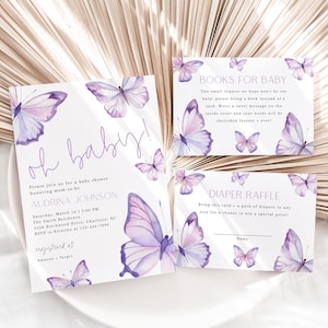 Bearbeitbares Lavendel Schmetterlings-Babyparty-Einladungspaket, druckbares lila Schmetterlings-Babyparty-Einladungsset, lila Schmetterling einladen, BBS129
