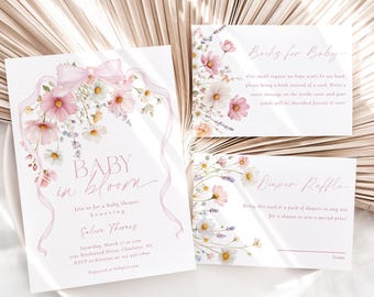 Invitación floral rosa para baby shower, invitación de jardín de flores silvestres (editable) BBS204