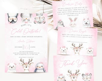 Op de afbeelding: Roze babyborrel uitnodigingen en inlegvellen met aquarel dier illustraties. De uitnodiging luidt "Baby, It's Cold Outside!" met evenement details. Inclusief "Boeken voor Baby", "Luier verloting" en bedankkaarten.