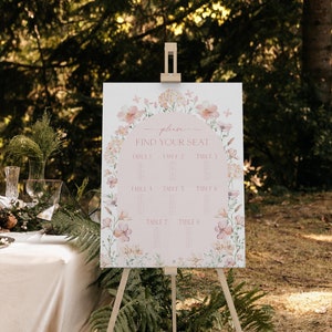 Bewerkbare roze bloemen stoelkaartsjabloon, afdrukbare lentebloem stoelindeling, zomertuin babyshower Find Your Seat-bordje, BBS88