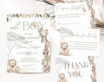 Safari Baby Shower Invitation Bundle, Jungle Animals (Editable Corjl) BBS194