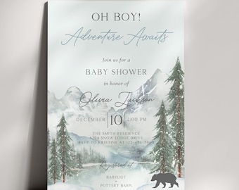 May include: A baby shower invitation with a watercolor mountain and forest scene. The invitation reads "Oh Boy! Adventure Awaits" and includes the date, time, and location of the event. A silhouette of a bear is at the bottom.