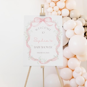 Rosa Schleife Babyparty Willkommensschild Vorlage, bearbeitbares Baby Mädchen Elegantes Kokette Eingangsposter, Vintage Band-Babypartydekor, BBS122