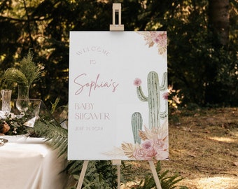 Cartello di benvenuto modificabile per baby shower con cactus e motivo floreale rosa, decorazione per baby shower in stile western nel deserto, CLP171