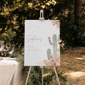 Bearbeitbares rosa Blumen Boho Kaktus-Babyparty-Willkommensschild-Poster, Wüstenwestern-Babypartydekoration, CLP171