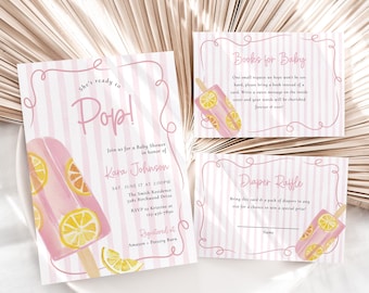 Editable Popsicle Baby Shower Invitation Set, She's Ready To Pop Baby Shower Invitation Bundle, Pink Girl Lemon Baby Shower Invite, BBS178