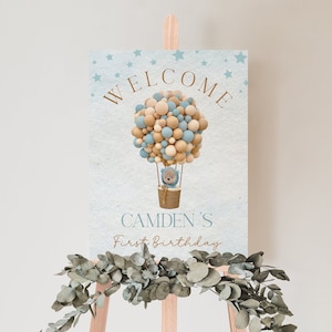 Editable Teddy Bear Boy Birthday Welcome Sign, Bear Hot Air Balloon Birthday Welcome Poster, Beary 1st Birthday, Instant Download, CLP27