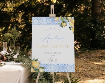 Editable Lemon Blue Tile Bridal Shower Welcome Sign, Mediterranean Amalfi Coast Bridal Shower Decoration, Main Squeeze Shower, BDS6