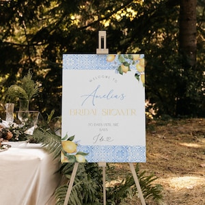 Editable Lemon Blue Tile Bridal Shower Welcome Sign, Mediterranean Amalfi Coast Bridal Shower Decoration, Main Squeeze Shower, BDS6