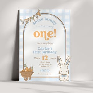 Editable Bunny Birthday Party Invitation, Boy Some Bunny is Turning One Spring Invitation, Blue Gingham 1st Birthday Party Invite, CLP293
