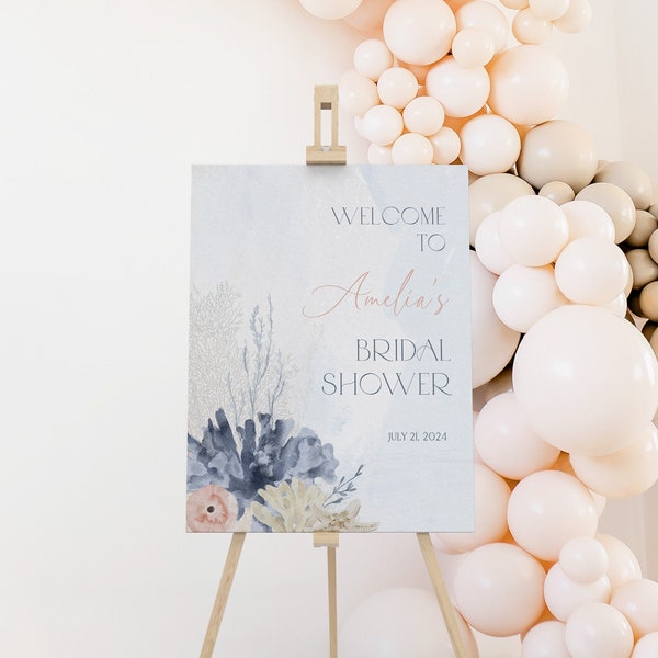 Editable Ocean Bridal Shower Welcome Sign, Coral Seashell Bridal Shower Decoration Poster, Nautical Seaside Beach Bridal Shower, BS4