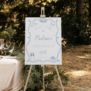 Dusty Blue Hand gezeichnetes Baby Brunch-Willkommens-Schild, wunderliche Gekritzel-Babyparty- Eingangsplakat, Azurblaue Toile-Babyparty-Dekoration, BBS142