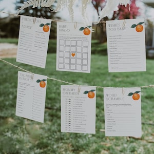 Little Cutie Baby Shower Game Bundle, set di gioco modificabile Clementine Orange Gender Neutral, Citrus Baby Shower, CLP107