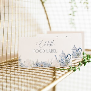 Bearbeitbar Dusty Blue Tea Party Food Etikett, Chinoiserie Tee für zwei Babypartydekoration, Tea Time Blumen Babyparty, BBS60