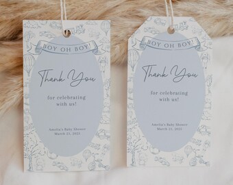 Editable Toile De Jouy Baby Shower Favor Tag, Dusty Blue French Baby Shower Thank You Tag, Printable Vintage Boy Oh Boy Gift Tag, BBS141