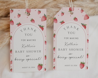 Plantilla de etiqueta de regalo editable con forma de fresa, etiqueta de regalo de agradecimiento para baby shower con forma de fresa imprimible, decoración de baby shower con forma de fresa rosa, BBS127