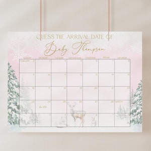 Bearbeitbare rosa Winterlandschaft Babyparty Errate das Fälligkeitsdatum Kalenderspiel, Mädchen Winter Woodlands Babyparty Ankunftsdatum Poster, BBS30