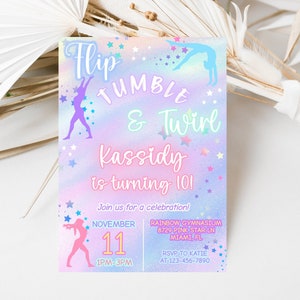 Gymnastics Birthday Invitation, Flip Tumble & Twirl Invitation, Girls Jump Invitation, Girls Gymnastics Invite, Instant Download, Editable