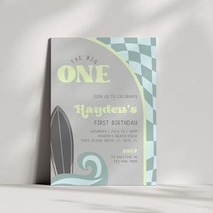 Big One Birthday Invitation, Modern Surf Birthday Invite, Boys Preppy First Birthday Surfboard Invitation, CLP203