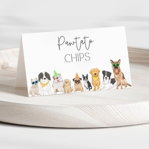 Étiquettes d'aliments pour chiens, Carte d'aliments pliée Pupty Pawty, Décoration de carte d'aliments pliée Anniversaire garçon chien, Étiquettes d'aliments pour tente, CLP219