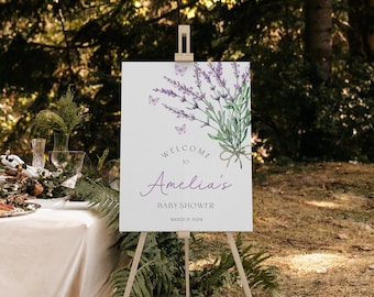 Lavendel Schmetterling Babyparty Willkommensschild, Blumendekoration (bearbeitbar) BBS89