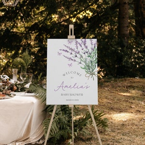 Bearbeitbares Lavendel + Salbei-Babyparty-Willkommensschild, lila Blumenschmetterling-Babypartydekoration, Land-Wildblumen-Duscheplakat, BBS89