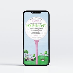 Bearbeitbare Pink Golf 1. Geburtstagsfeier Evite-Einladung, Golf-Geburtstags-Part-tee-Text-Einladung, Mädchen-Golf-Telefon einladen, sofortiger Download, BB3