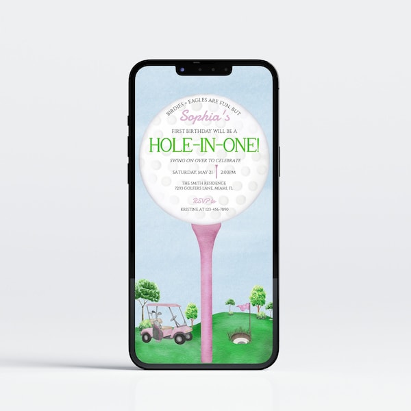 Editable Pink Golf 1st Birthday Party Evite Invitation, Golf Birthday Par-tee Text Invitation, Girl Golf Phone Invite, Instant Download, BB3