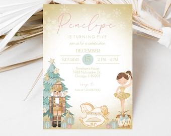 May include: A Christmas-themed birthday invitation with a gold and white design. It features illustrations of a Christmas tree, nutcracker, ballerina, and rocking horse. The invitation is for Penelope's fifth birthday on December 15th.