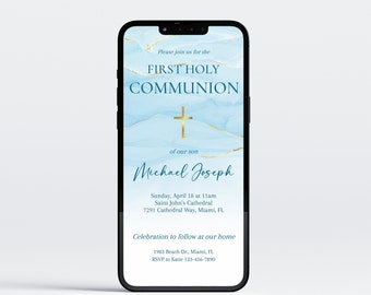 Blue Ombre First Holy Communion Evite, Boys Invitation (Digital)