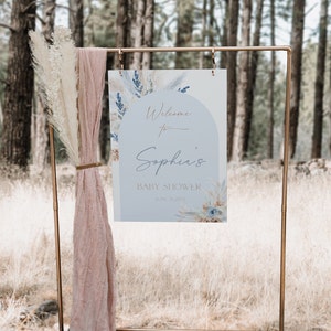 Letrero de bienvenida para baby shower con diseño floral azul bohemio de hierba de la pampa, póster de bienvenida para baby shower de niño bohemio, decoración azul pizarra para baby shower, CLP95