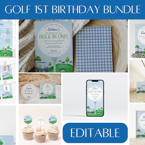 Editable Blue Golf Hole in One Birthday Invitation Bundle, Golf First Birthday Par-tee, Printable Boy Golf Decor, Instant Download, BB3