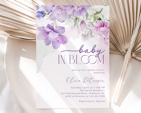 Baby Shower Invite, Purple Floral Editable Corjl Template | Printable Lavender | 5X7 Digital BBS71