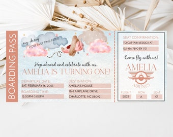 Pink Airplane Ticket Birthday Invitation, Editable Template (Digital Download) CLP16