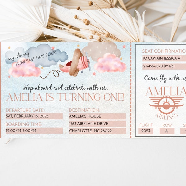 Pink Airplane Ticket Birthday Invitation, Editable Template (Digital Download) CLP16