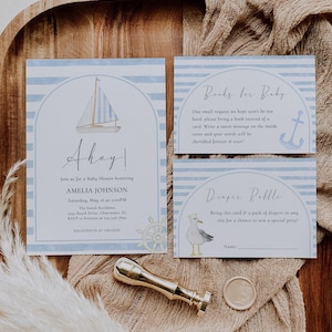 Bewerkbare nautische babyshower uitnodigingsbundel, Ahoy zeilboot babyshower uitnodigingsset, blauwe matroos babyshower uitnodiging, Corjl BBS160