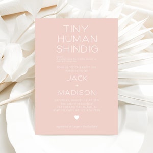 Editable Tiny Human Shindig Invitation template, Simple Blush Pink Invite, Minimalist, Co-Ed Baby Shower, Modern Baby Shower, CLP149