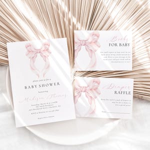 Rosa Schleifen-Babyparty-Einladungs-Einladungs-Bündel, Baby-Mädchen-erröten Kokette Babyparty-Einladungssatz, Pastell-Rosa Bogen-Babyparty-Einladung, BBS152