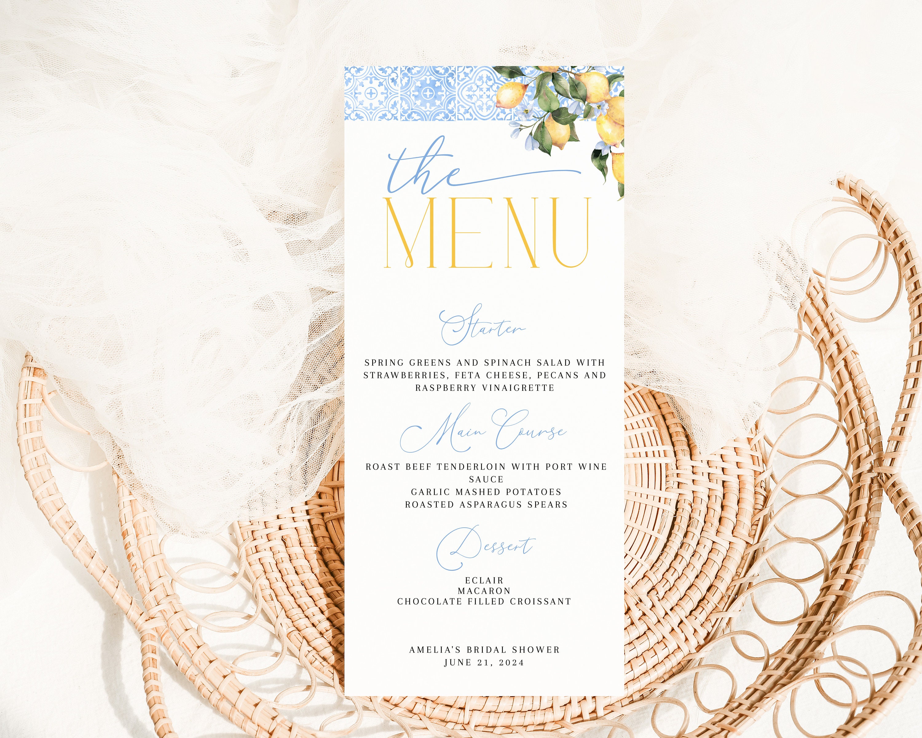 Editable Lemon Blue Tile Bridal Shower Menu Template, Mediterranean Amalfi Coast Bridal Shower Menu, Main Squeeze Shower, BDS6