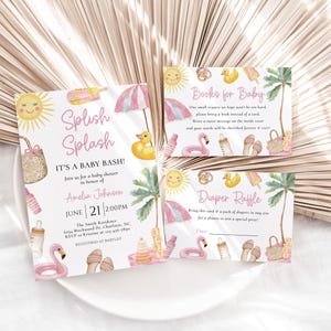 Puede incluir: Invitaciones para baby shower con tem&aacute;tica de playa. Las invitaciones presentan ilustraciones en acuarela de un sol, un flamenco, una sombrilla de playa y otros elementos veraniegos. El texto dice "Splish Splash, It's a Baby Bash!" e incluye los detalles del evento.