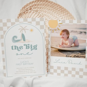 The Big One Boys First Birthday Invitation, Blue Retro Surf Birthday Picture Invite, Sunshine Beach Birthday Party Invitation, CLP204
