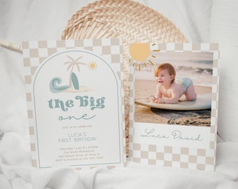 Retro Surf First Birthday Invitation, Sunshine Beach Party (Editable in Corjl) CLP204