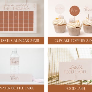 Peut inclure: Un ensemble de d&eacute;corations de f&ecirc;te de b&eacute;b&eacute; imprimables dans un sch&eacute;ma de couleurs p&ecirc;che et marron. L'ensemble comprend un calendrier de date d'&eacute;ch&eacute;ance, des d&eacute;corations de cupcakes, une &eacute;tiquette de bouteille d'eau et une &eacute;tiquette alimentaire. Le texte sur les articles dit "Devinez la date d'arriv&eacute;e de b&eacute;b&eacute; Thompson", "C'est un gar&ccedil;on", "Bonjour b&eacute;b&eacute;" et "&Eacute;tiquette alimentaire modifiable".