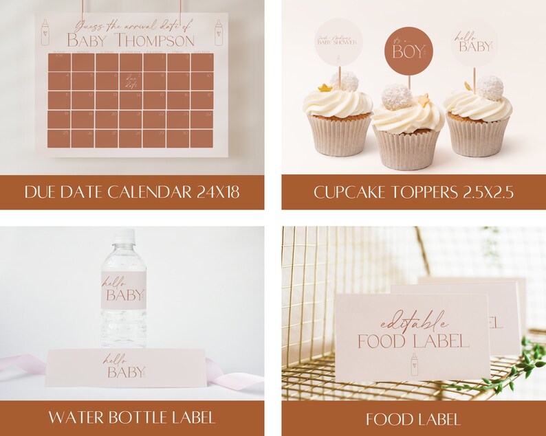 Peut inclure: Un ensemble de d&eacute;corations de f&ecirc;te de b&eacute;b&eacute; imprimables dans un sch&eacute;ma de couleurs p&ecirc;che et marron. L'ensemble comprend un calendrier de date d'&eacute;ch&eacute;ance, des d&eacute;corations de cupcakes, une &eacute;tiquette de bouteille d'eau et une &eacute;tiquette alimentaire. Le texte sur les articles dit "Devinez la date d'arriv&eacute;e de b&eacute;b&eacute; Thompson", "C'est un gar&ccedil;on", "Bonjour b&eacute;b&eacute;" et "&Eacute;tiquette alimentaire modifiable".